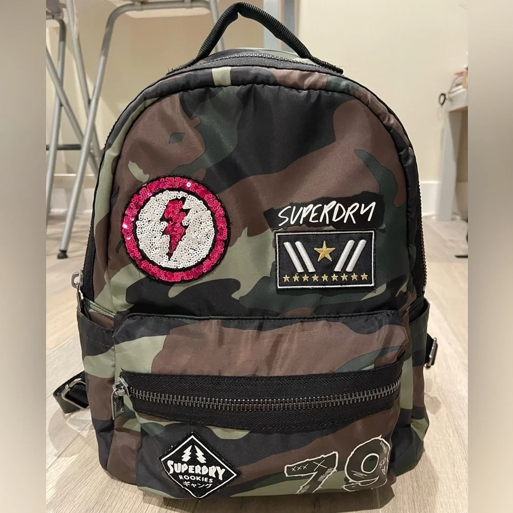 Superdry Green Camouflage Backpack with Patches, SuperDry Midi Backpack